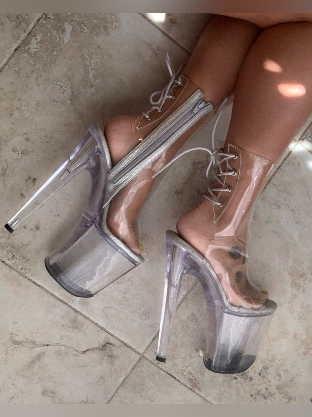 🫧Thick Pleaser Flamingo•1018C•peep toe Clear 8” Lace-up/zip-up Stripper Heels